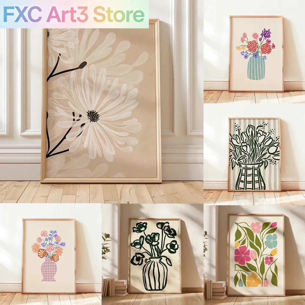 Live Plant Fertilizer - フレームレス、1ピースレトロベージュ花柄ラインプリント、シンプルなキャンバス絵画、モダンな植物の壁飾り、リビングルーム用、新築祝いギフト