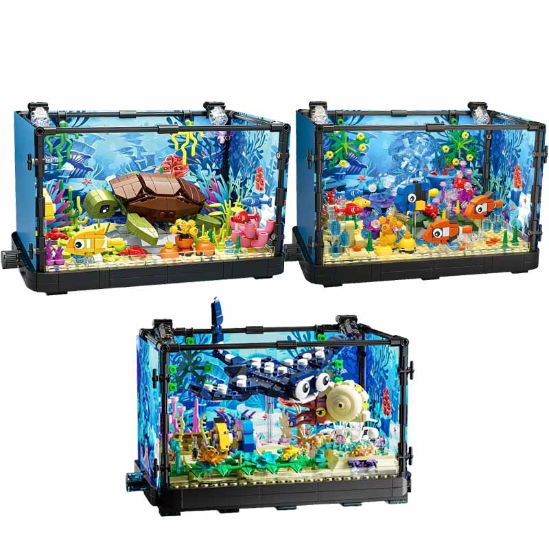 Aquarium Fish Game - ライト付き水槽ビルディングブロックセット、水槽、海洋カメ、14歳以上の子供向けビルディングブロックおもちゃ、ギフト、家の装飾